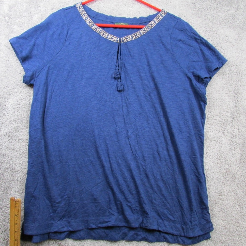 Lauren Ralph Lauren Shirt Womens Plus 1X Blue Embroidered Short Sleeve Tunic Top